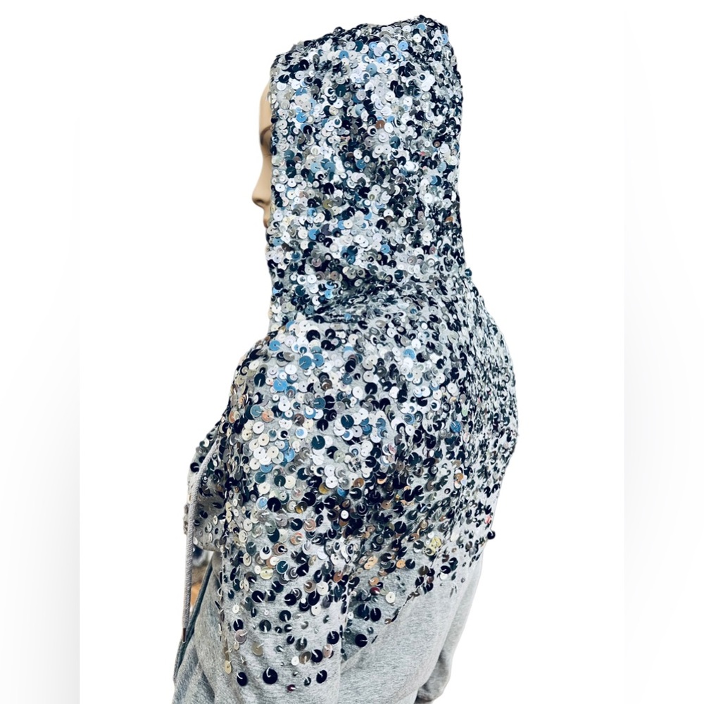 LOVE MOSCHINO METALLIC Sequins Silver Hoodie Size 2 US 96% Cotton 4% Elastane - Picture 12 of 16